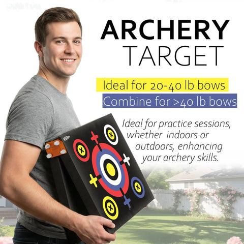 Person holding Backyard Archery Target Set 20x20x4 Foam Block With Foldable Self Standing Base High Density Target Portable 2 Pack