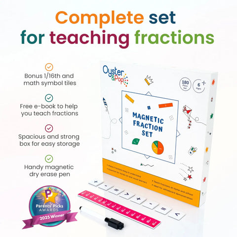 Magnetic Fraction Tiles And Circles Set For Kids, 180 Pieces, Hands On Fraction Learning System box display with features list
