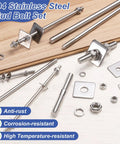 Two Pack M8 X 400mm Stainless Steel Double End Threaded Stud Bolts with nuts and washers on a board.