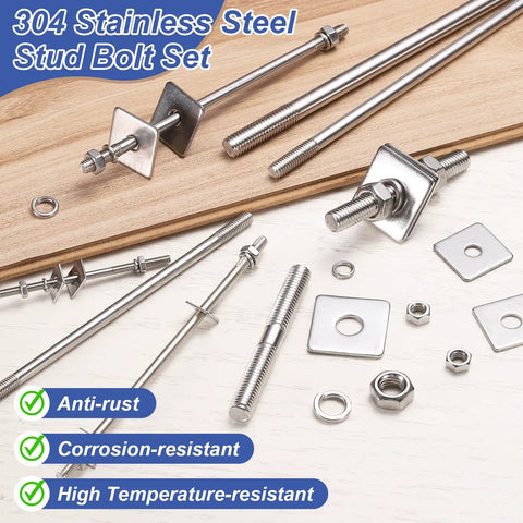 Two Pack M8 X 400mm Stainless Steel Double End Threaded Stud Bolts with nuts and washers on a board.
