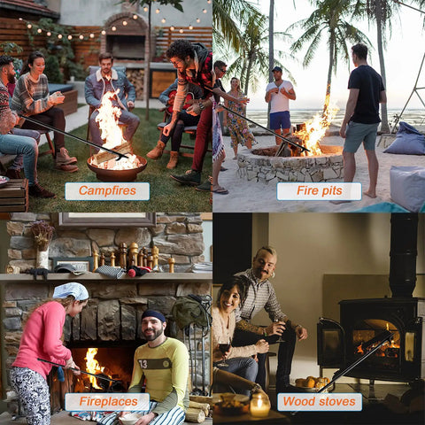 People using 46 Inch Extra Long Fire Pit Poker With Extended Reach for campfires, fire pits, fireplaces, and wood stoves.
