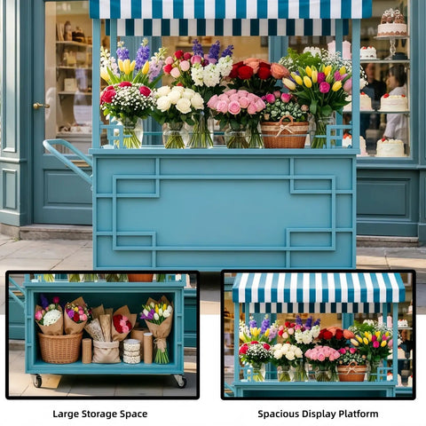 Hustle Ready Portable Mobile Vendor Cart with heavy duty awning and flowers displayed on golden wide countertop rack.
