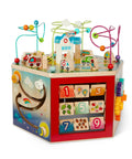 Totally Kid Approved Seven Sided Wooden Activity Cube Featuring Interactive Bead Maze Shape Sorter And Mini Railroad Track with vehicles and gears