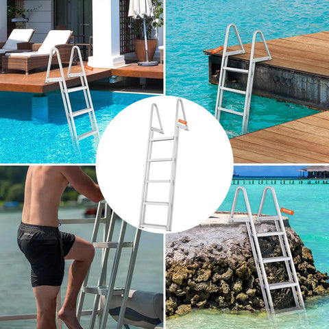 Removable Dock Ladder With 5 Steps And 350 Lbs Load Capacity For Pontoon Boats 4 Inch Wide Nonslip Pedals All Aluminum Design Built For Ship Lake Pool And Marine Boarding, 5-step aluminum ladder at dock and pool
