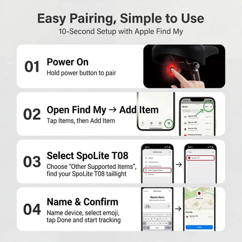 Setup instructions for Real Time Bike GPS Tracker Tail Light With Apple Find My Compatibility, no fees or SIM, anti-theft.