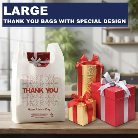 White Thank You Plastic Grocery Bags 11 By 6 By 21 Inches 100 Pack Reusable And Disposable Supermarket Bags for shopping and takeout next to gift boxes