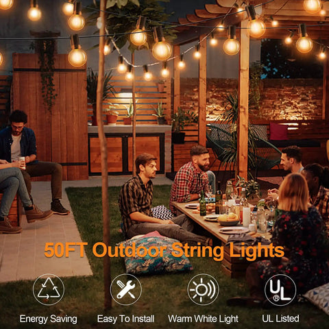 Cozy evening with Led Outdoor String Lights 50 Foot Waterproof Patio Lighting With 25 Plus 1 Shatterproof G40 Edison Bulbs above patio