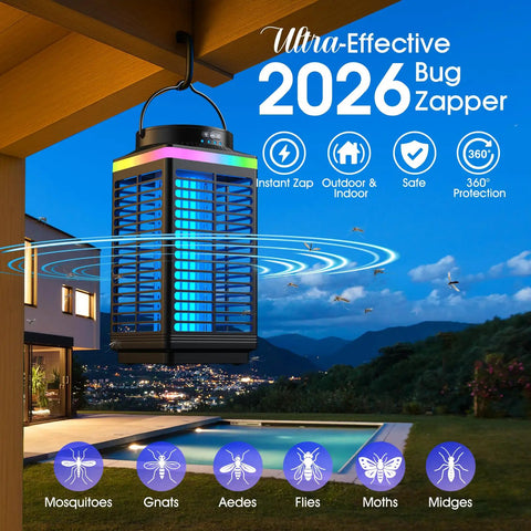 Outdoor Bug Zapper 4 In 1 4200V Electric Mosquito Zapper Rechargeable Cordless With 5000mAh Battery IP68 Waterproof hanging on patio