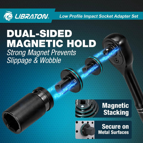Low Profile Impact Socket Adapter Set dual-sided magnetic hold demonstration with sockets and wrench.
