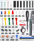 Rugged No Sweat 1740 Piece Heat Shrink Wire Connector Kit With Smooth Crimping Tool For AWG 22 To 10 Electrical Wiring bundle showing terminals, tubing, and tool.