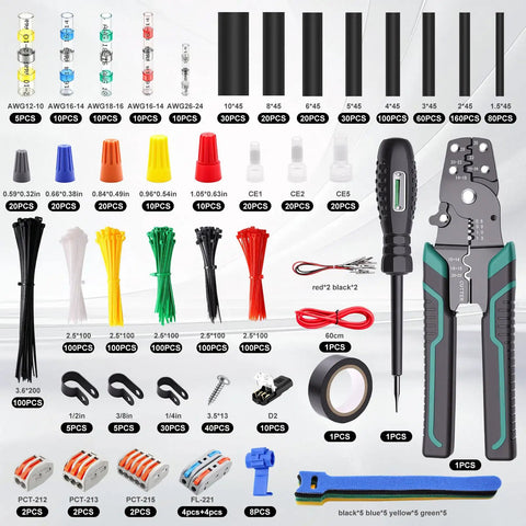 Rugged No Sweat 1740 Piece Heat Shrink Wire Connector Kit With Smooth Crimping Tool For AWG 22 To 10 Electrical Wiring bundle showing terminals, tubing, and tool.