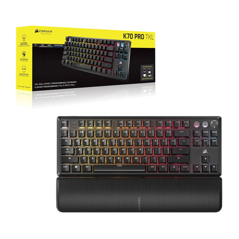 Dope K70 Pro Rgb Tenkeyless Mechanical Gaming Keyboard Featuring Pre Lubed Hall Effect Switches And Lightning Fast Rapid Trigger Tech angled view with wrist rest.