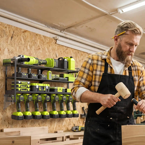 Heavy Duty Power Tool Wall Mount Organizer With 4 Tier Shelves And 8 Drill Holders installed in workshop with tools.