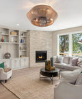 Rattan Ceiling Fan with Caged Flush Mount Low Profile for Bedroom Living illuminating a stylish living room with modern decor.