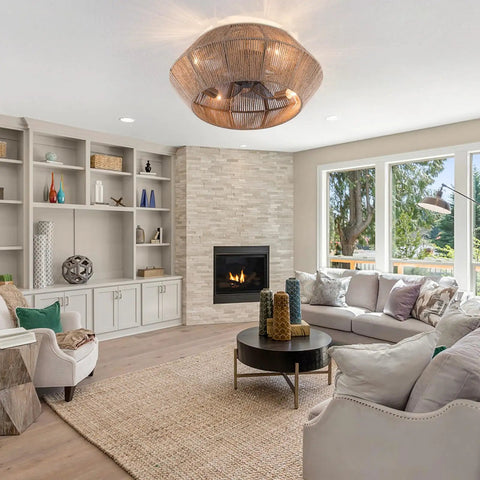 Rattan Ceiling Fan with Caged Flush Mount Low Profile for Bedroom Living illuminating a stylish living room with modern decor.