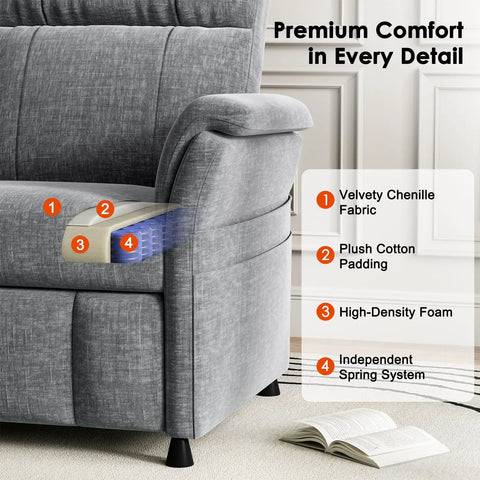 Power Recliner Chair For Adults With Remote Stepless 105 To 165 Degree Recline Chenille Upholstery cushioning layers detail