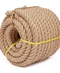 Heavy Duty Jute Rope 1 1/4 Inch By 100 Feet Natural Hemp for Crafts, Gardening, DIY Bundling, coiled and secured with yellow ties.