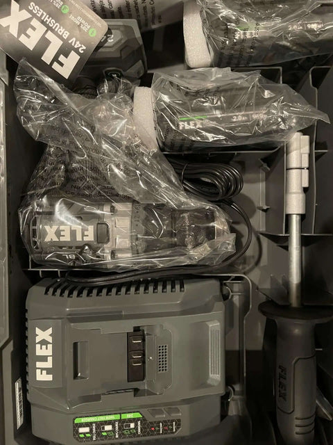 Pro Grade 24 Volt Cordless Drill Driver Featuring Brushless Motor And Keyless Chuck comes with two 2.0 Ah lithium batteries and fast charger.