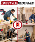 Collage of craftsmen using 6 Pack Tool Holder For M18 M18V Cordless Tools Snap Fit Tool Organizer in various workshops