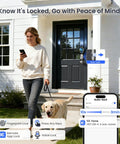 Woman walking dog outside home with Built In WiFi Fingerprint Smart Lock With Two Knobs No Hub Needed Remote App Control Keyless Entry Front Door Deadbolt Auto Lock Satin Nickel Finish 7 Ways To Unlock For Everyday Convenience on door.