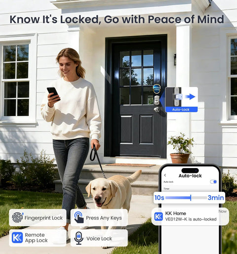 Woman walking dog outside home with Built In WiFi Fingerprint Smart Lock With Two Knobs No Hub Needed Remote App Control Keyless Entry Front Door Deadbolt Auto Lock Satin Nickel Finish 7 Ways To Unlock For Everyday Convenience on door.