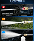 Cordless Portable Handheld Power Washer With Copper Motor Pushes Killer Water Pressure And Eliminates Extension Cords For Rapid Car Washing Fences Or Outdoor Cleaning Tasks, showing three spray modes: high pressure, fan, and foam.