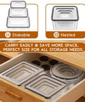 Stackable, nested view of 40 Piece Airtight Food Storage Container Set With Lids, stored in kitchen drawer, BPA free.