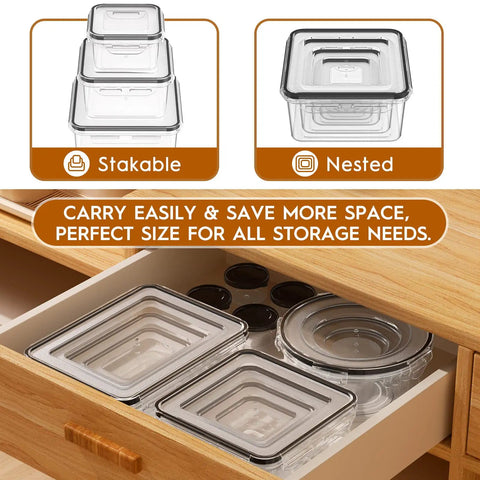 Stackable, nested view of 40 Piece Airtight Food Storage Container Set With Lids, stored in kitchen drawer, BPA free.