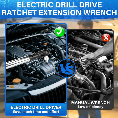 Electric drill vs manual wrench for tight spaces featuring 1/2 Inch Offset Extension Wrench Impact Rated Ratchet Adapter For Electric Drill.