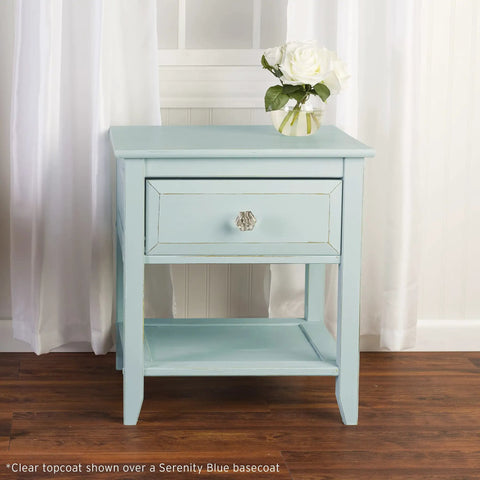 Wooden nightstand painted with Chalked Ultra Matte Interior Paint 30 Oz Kit With Matte Clear Topcoat, low odor, soap and water clean up.