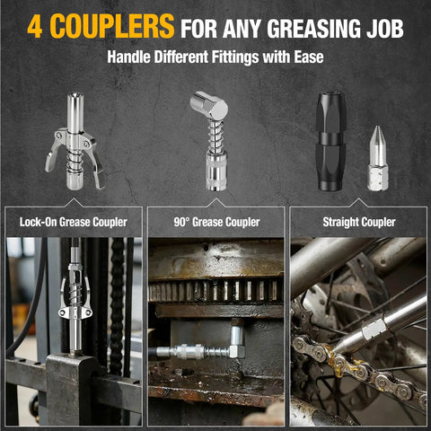 4 couplers displayed for 2-In-1 Cordless Grease Gun For 20V Max Batteries, 12000 PSI Electric Grease Gun Kit With Lock-On Trigger