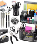 All In One Black Desk Organizer Set For Home Office And School Includes Three Desk Organizers Four Pens Stapler Staples And Remover Tape Dispenser Scissors Ruler Clips Hole Punch And More Perfect For Decluttering Your Workspace