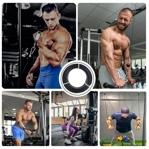Heavy Duty 32.8 Foot Fitness Pulley Cable Replacement Rock Solid Five Millimeter Black Pvc Coated Wire Rope in use at gym