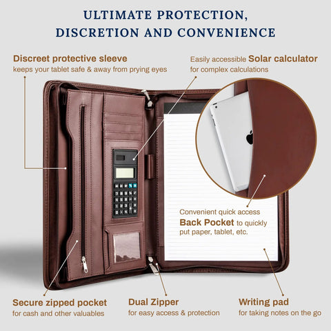 Career Game Changer Business Padfolio With Heavy Duty Zipper Closure Crafted From Smooth Pu Vegan Leather featuring a tablet sleeve and organizer.