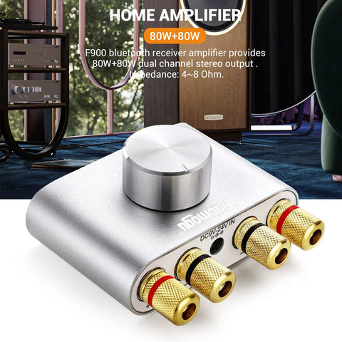 F900S 80W X 2 Bluetooth 5.0 Mini Amplifier For Home Audio Hi Fi Stereo Digital Amp with AUX USB BT Inputs in silver finish