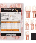 All Purpose Copper Battery Cable Lug Kit For 1/0 To 4/0 Gauge Wire Ends With 5/16 And 3/8 Crimp Ring Terminals And Heat Shrink Tubing 48 Pcs DIY Auto Electrical Wiring Assortment showing copper lugs and storage box.