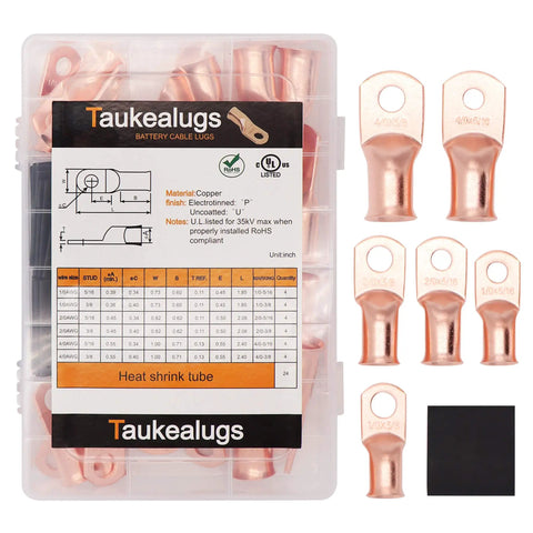 All Purpose Copper Battery Cable Lug Kit For 1/0 To 4/0 Gauge Wire Ends With 5/16 And 3/8 Crimp Ring Terminals And Heat Shrink Tubing 48 Pcs DIY Auto Electrical Wiring Assortment showing copper lugs and storage box.