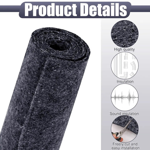 Three Piece Cotton Sound Insulation Blanket for Noise Reduction on Walls and Pipes Helps Kill Annoying Dishwasher Racket with Heavy Duty Acoustic Padding Measuring Sixteen by Forty Eight Inches to Keep Home Chillin rolled up in black fabric for insulation.