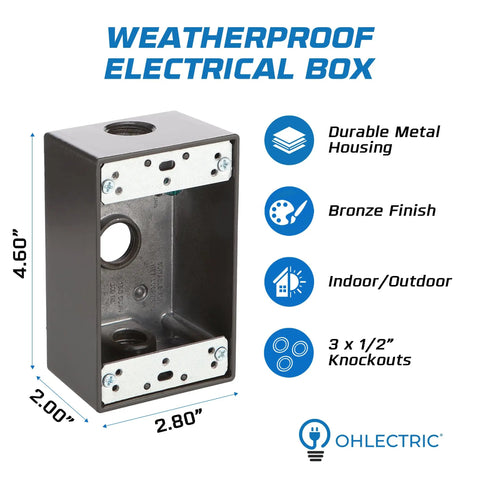 Weatherproof Outdoor Electrical Junction Box Kit, Die-Cast 1-Gang Box with Four 1/2-Inch Knockouts, wet rated exterior outlet box