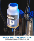Evolution EVOMAG42 magnetic drilling system with blue housing and attached coolant bottle