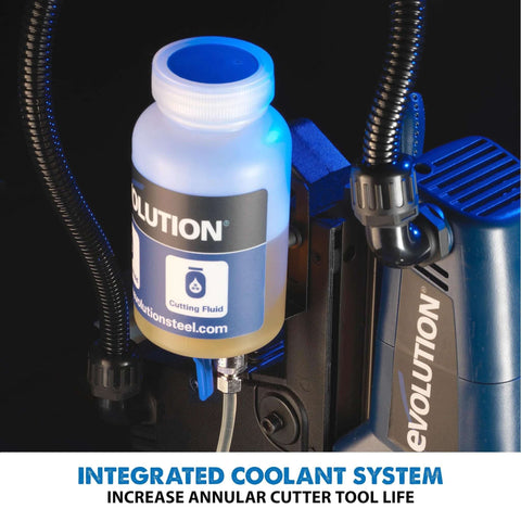 Evolution EVOMAG42 magnetic drilling system with blue housing and attached coolant bottle