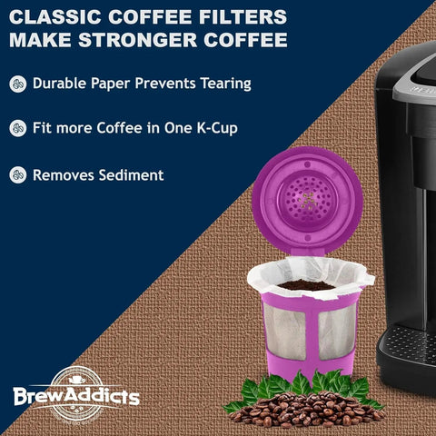 600 Count Paper Coffee Filters For Keurig K Cup Pods 1.0 And 2.0 Compatible, purple reusable holder shown with coffee beans