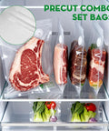 Reusable Vacuum Sealer Bags For Food 30 Small Size 8.7 By 11.8 Inch and 11.8 By 13.8 Inch with meat and veggies inside fridge