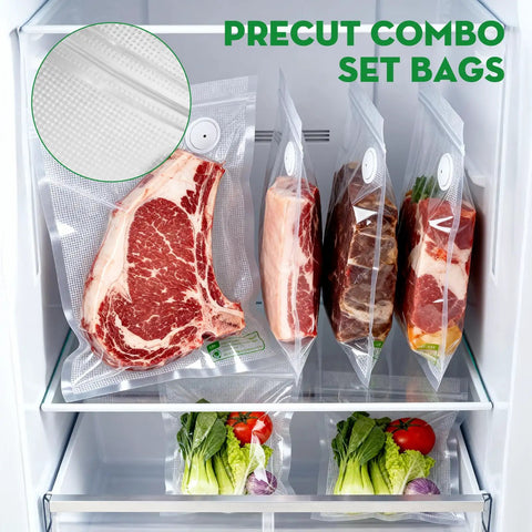 Reusable Vacuum Sealer Bags For Food 30 Small Size 8.7 By 11.8 Inch and 11.8 By 13.8 Inch with meat and veggies inside fridge