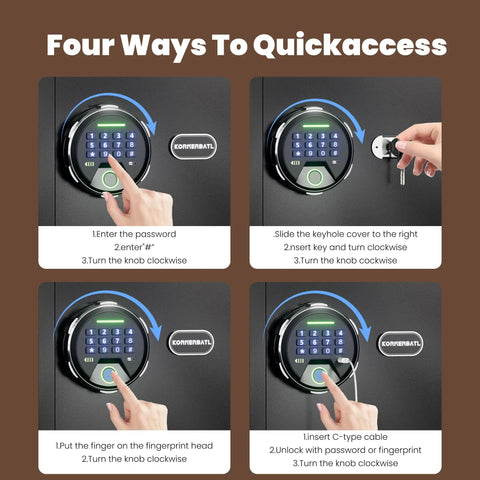 Four access methods for the 20 Lb Smart Biometric Safe With Fingerprint Lock For Quick No Fuss Access And Real Security, Silent Mode