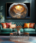 Glasses Free 3D Puzzle Experience For Adults With Dawn Cave Autostereoscopy And 1000 Piece Jigsaw Delivers Immersive Depth, Mind Blowing Colors, And No Glasses Needed in living room setting with puzzle art on wall.