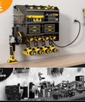 Power Tool Organizer Wall Mount With Charging Station And 8 Outlet Power Strip Pro Grade Heavy Duty Metal Tool Rack With Cordless Drill Holder And Battery Storage For Garage 6.56 Ft Cord installed on garage wall.