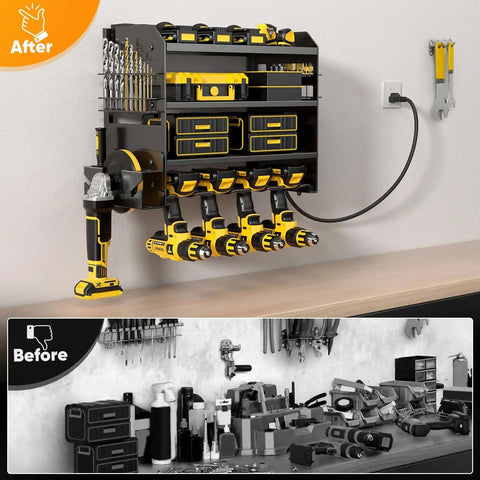 Power Tool Organizer Wall Mount With Charging Station And 8 Outlet Power Strip Pro Grade Heavy Duty Metal Tool Rack With Cordless Drill Holder And Battery Storage For Garage 6.56 Ft Cord installed on garage wall.