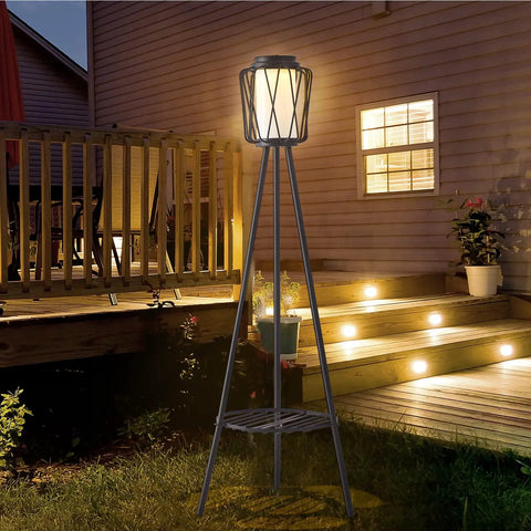 Metal Solar Floor Lamp With Plant Stand Outdoor Waterproof Lantern Lights For Patio Deck Yard Garden Porch 1 Pack Black
