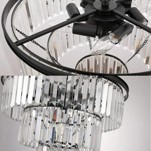 Close-up of Black Crystal Chandelier 3 Tier Pendant Light Modern Round Ceiling Lamp With Six Lights Hanging Fixture